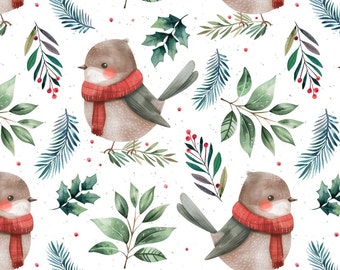 Christmas Birds Fabric Design: Holly Berries Seamless Pattern (Digital File)