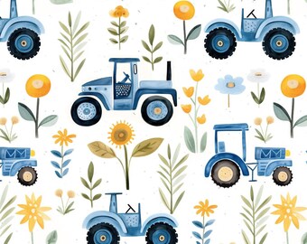 Patrón sin costuras de tractor y flores: Diseño de tela para guardería (archivo digital)