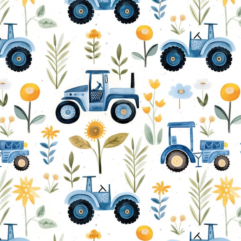Tractor and Flowers Seamless Pattern: Nursery Fabric Design (digital ...