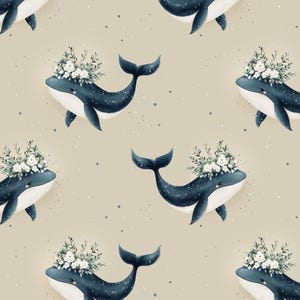 Floral Whale Seamless Pattern: Kids Fabric Design (Digital Download)