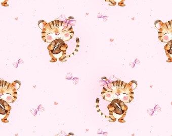 Patrón sin costuras de tigre: balón de fútbol rosa, patrón de mascota Wildcat rosa, diseño de tela de tigre (archivo digital, tamaño de mosaico de 200 mm)