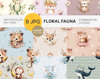 Patrón sin costuras de animales en acuarela: Papel tapiz floral para guardería (descarga digital)