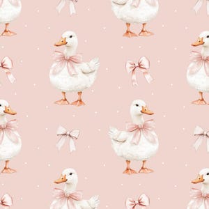 Watercolor Seamless Duck, Cute Goose, Pink Bows, Fabric Design, Repeating Pattern, White background, Digital File for Commercial USE