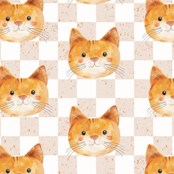 Cute cat, Ginger cat, chess, Seamless Fabric Design, Pattern Exclusive Colourway Cats, Repeat Tile