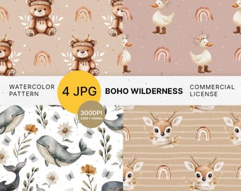 Patrón sin costuras de animales bohemios en acuarela: Papel tapiz para habitación infantil (archivos JPG)