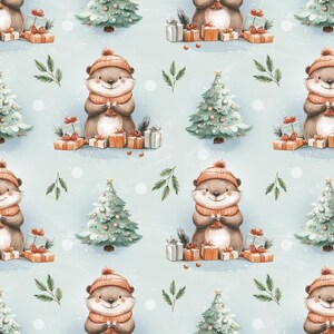 May include: A seamless pattern featuring cute otters wearing red and white hats and scarves, holding presents, and standing in front of decorated Christmas trees. The background is a light blue with white snowflakes.
