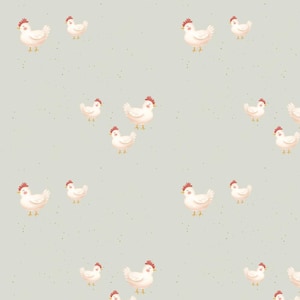 Peut inclure: Un motif sans couture représentant des poulets blancs avec des crêtes rouges sur un fond gris clair.