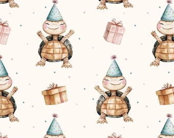 Tortuga sin costuras, Tortuga linda, Cumpleaños, Diseño de tela sin costuras, Azulejo repetido, Fondo blanco, Papel imprimible, Archivo digital