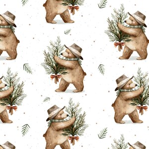 May include: A seamless pattern featuring watercolor illustrations of brown bears wearing hats and holding sprigs of pine branches with red bows. The background is a white speckled pattern.