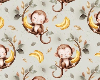 Patrón sin costuras de mono y plátano: Diseño de tela para niños (descarga digital)