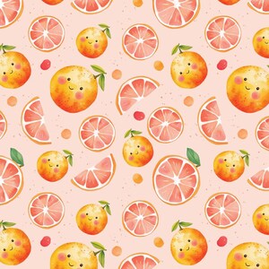 Könnte beinhalten: Ein nahtloses Muster mit rosa und orangefarbenen Grapefruit-Scheiben und ganzen Grapefruits mit lächelnden Gesichtern auf einem hellrosa Hintergrund.