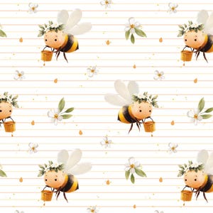 May include: A seamless pattern featuring cute cartoon bees with floral crowns holding honey pots. The bees are yellow and black with white wings. The background is white with thin brown stripes.