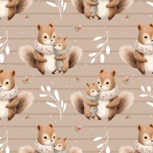 May include: A repeating pattern of cartoon squirrels in a warm design. The squirrels are in pairs, with a larger squirrel embracing a smaller one. They wear scarves and sweaters, set against a backdrop of beige stripes and floral accents.