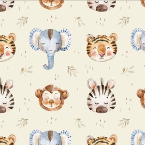 Puede incluir: Patrón repetitivo de caras de animales en acuarela, incluyendo un elefante, un tigre, una cebra y un mono, sobre un fondo crema. Los animales tienen los ojos cerrados y están rodeados de pequeñas ramitas de hojas. Adecuado para productos infantiles.