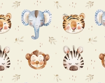 Mono, elefante, cebra, tigre, amigos animales, diseño de tela sin costuras, patrón safari, mosaico repetido