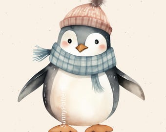 Winter Penguin PNG: Nursery art, Watercolor nursery art, Nursery art prints, Whimsical nursery art, Fabric Sublimation File