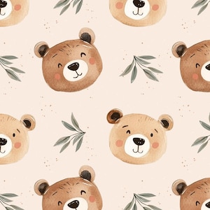May include: A seamless pattern featuring watercolor illustrations of brown bear faces with smiling expressions and green leaves on a light pink background.