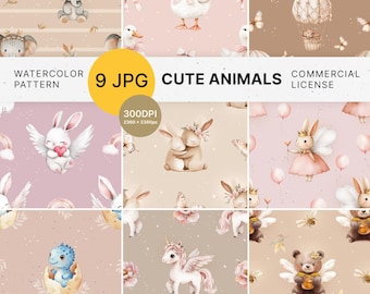 Patrones de animales lindos, patrón sin costuras de animales, papel tapiz para guardería, patrón de acuarela, descarga digital, uso comercial