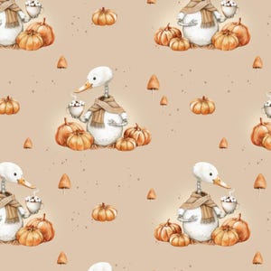 May include: A repeating pattern featuring a white goose wearing a scarf and holding a mug of hot chocolate, surrounded by orange pumpkins and brown mushrooms on a beige background. The illustration has a watercolor style.
