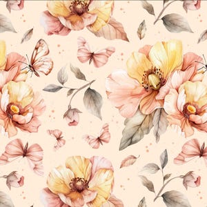 Puede incluir: Un patrón sin costuras con ilustraciones de acuarela de flores y mariposas en tonos melocotón, amarillo y marrón. El diseño incluye flores detalladas, delicadas mariposas y ramas frondosas sobre un fondo beige claro.