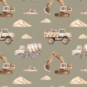 Puede incluir: Un patrón sin costuras con ilustraciones de acuarela de vehículos de construcción sobre un fondo verde claro. El patrón incluye una excavadora, un camión mezclador de cemento, un camión de volteo y montones de arena.