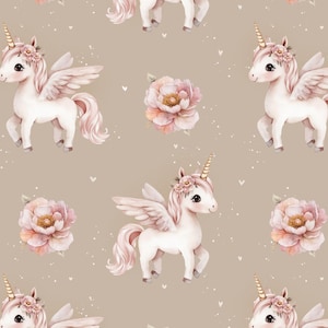 May include: A repeating pattern featuring watercolor illustrations of winged unicorns and pink flowers on a tan background. The unicorns have golden horns, floral crowns, and flowing pink manes and tails. The flowers are a soft pink.