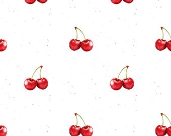 Diseño de tela con acuarela de cerezas y bayas, patrón repetitivo, archivo digital, uso comercial.
