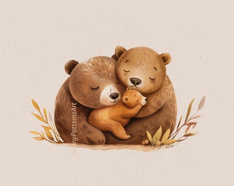 Familia de osos PNG: Archivo de sublimación de tela, Arte infantil, Impresiones de arte infantil, Arte infantil caprichoso, Arte infantil en acuarela, Descarga digital