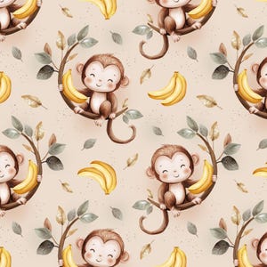 Könnte beinhalten: Ein nahtloses Muster mit Aquarell-Illustrationen von Affen, die Bananen auf Ästen halten. Der Hintergrund ist hellbeige mit verstreuten braunen Punkten und grünen Blättern.
