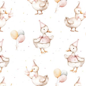 Seamless Duck, Cute Goose, Birthday, Seamless Fabric Design, Repeat Tile, White background, Printable Paper, Digital File