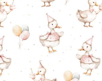 Pato sin costuras, ganso lindo, cumpleaños, diseño de tela sin costuras, mosaico repetido, fondo blanco, papel imprimible, archivo digital