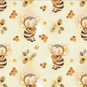 以下が含まれることがあります： 笑顔のミツバチが蜂蜜の壺を持っている水彩イラストの繰り返しパターン。ミツバチは縞模様の体と羽を持ち、ハニカム、花、葉に囲まれており、背景はソフトイエローです。