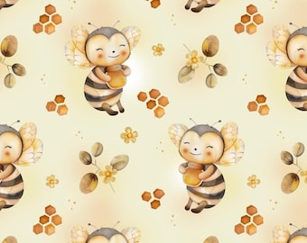 Abeja dulce, Miel dulce, Diseño de tela sin costuras, Abeja estampada, Mosaico repetido