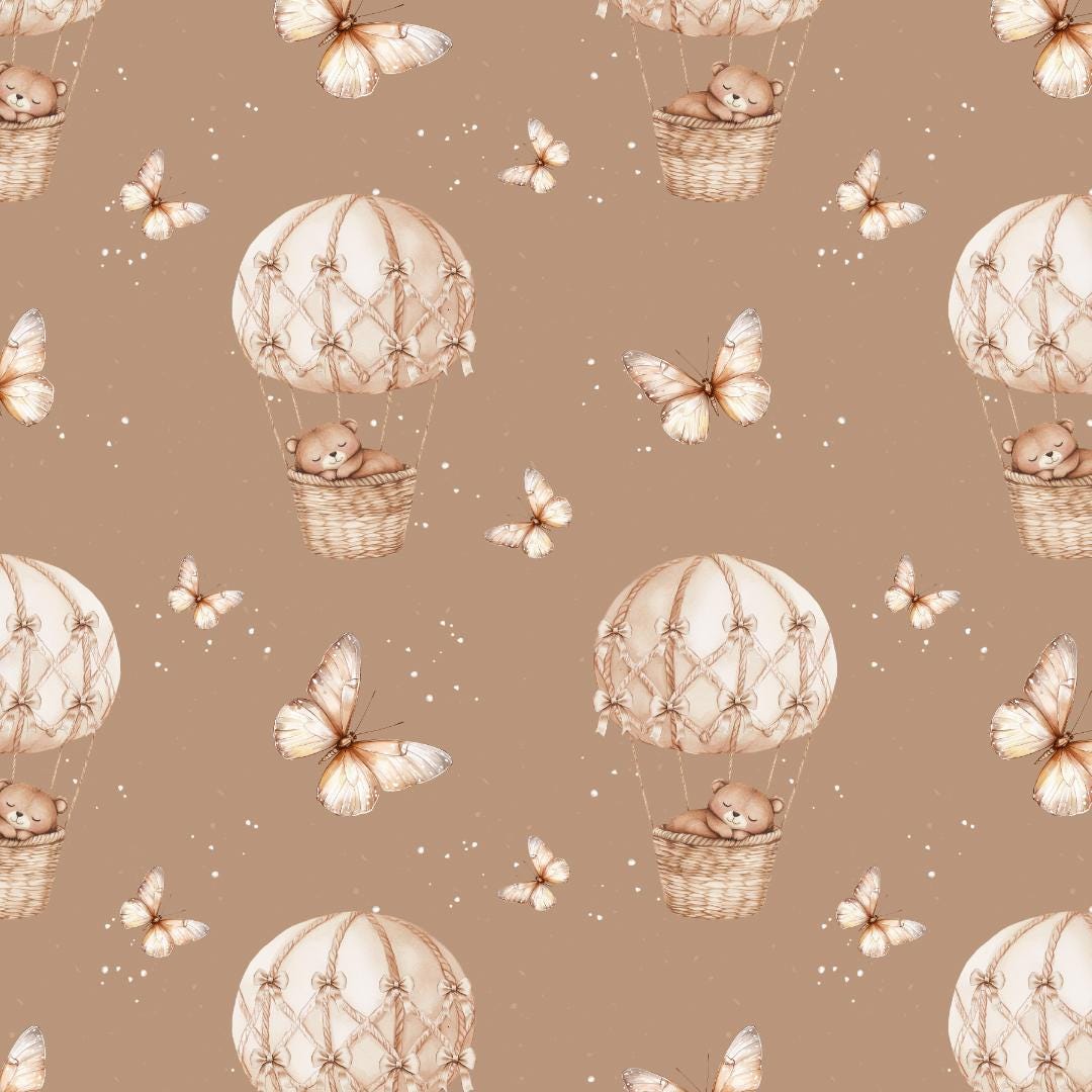 Watercolor Bear Fabric: Butterfly Hot Air Balloon Seamless Pattern ...