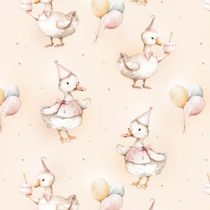 May include: A seamless pattern featuring watercolour illustrations of ducks wearing party hats and holding birthday cakes. The background is a light peach colour with scattered pink and gold confetti.