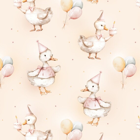 Seamless Duck, Cute Goose, Birthday, Seamless Fabric Design, Repeat Tile, Printable Paper, Digital File