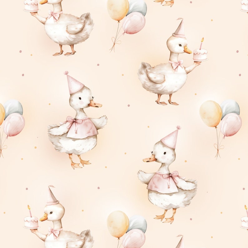 May include: A seamless pattern featuring watercolour illustrations of ducks wearing party hats and holding birthday cakes. The background is a light peach colour with scattered pink and gold confetti.