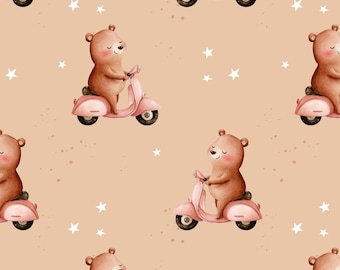 Oso sin costuras, osito de peluche en scooter, diseño de tela sin costuras, mosaico repetido, papel imprimible, archivo digital