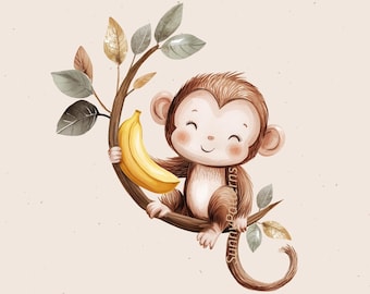 Tela de mono PNG: Arte infantil, Arte infantil en acuarela, Impresiones de arte infantil, Arte infantil caprichoso, Diseño de transferencia de calor (Descarga digital)