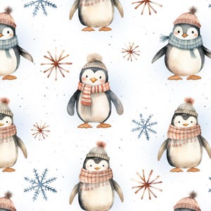May include: A seamless pattern featuring watercolor illustrations of penguins wearing scarves and hats. The background is white with snowflakes and stars.