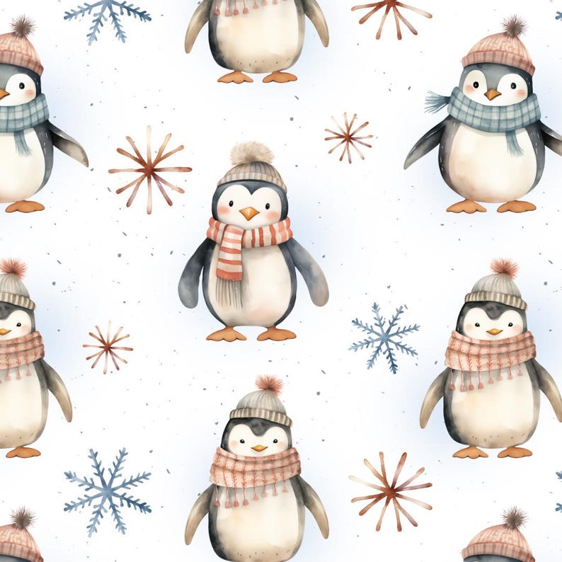 May include: A seamless pattern featuring watercolor illustrations of penguins wearing scarves and hats. The background is white with snowflakes and stars.
