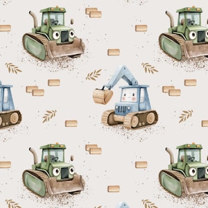 Puede incluir: Patrón repetitivo con vehículos de construcción de dibujos animados, incluyendo excavadoras verdes y una excavadora azul. Los vehículos tienen caras amigables y están sobre un fondo beige claro con bloques de madera y acentos de hojas. Ideal para productos infantiles.