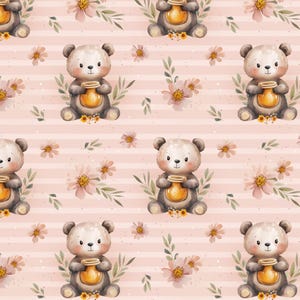 May include: A seamless pattern featuring cute brown bears holding honey jars on a pink background with white stripes. The bears are surrounded by pink flowers and green leaves.