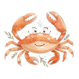 May include: A cartoon illustration of a smiling orange crab with large claws and small eyes. The crab is surrounded by green leafy plants.