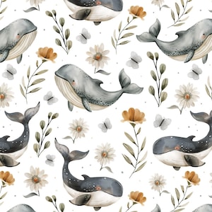 May include: A seamless pattern featuring watercolor illustrations of whales, flowers, and butterflies. The whales are blue-grey and have white bellies. The flowers are white and yellow. The butterflies are grey. The background is white.