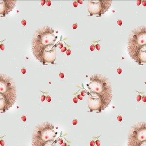 May include: A repeating pattern featuring cartoon hedgehogs with strawberry branches. The hedgehogs have brown quills and rosy cheeks, set against a light grey background with scattered strawberries and hearts.