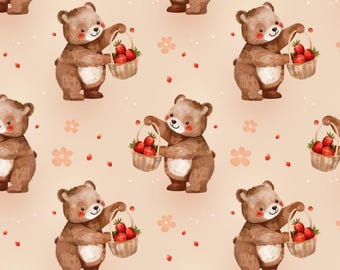 Oso, fresa, diseño de tela sin costuras, patrón de oso, mosaico repetido