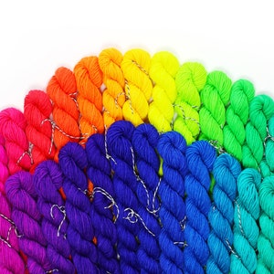 Neon Rainbow sock yarn - 25 colors - hand-dyed 75/25 superwash Merino wool/nylon, 1162 yds., 9.5 oz. (270g), GLOWS under blacklight!