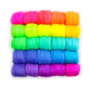 May include: A rainbow assortment of colorful wool roving, arranged in rows of different colors, including pink, yellow, green, blue, purple, and magenta.
