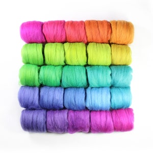 Supercharged Shadow Neon Rainbow Merino Wool - 25 colors, 5.3 oz. (150g) total, hand-dyed roving, spinning felting - GLOWS under Blacklight!